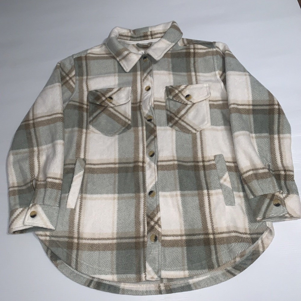 Altar'd State Fleece‎ Shacket Jacket Women's XLarge Plaid Green Tan Soft Fall